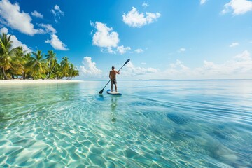 Aerial photo of unidentified man practicing stand up paddle board or SUP in tropical exotic turquoise calm sea sandy beach