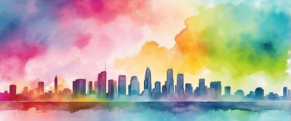 for advertisement and banner as Cityscape Wash Urban skylines meet the fluidity of watercolor washes. in watercolor landscape theme theme ,Full depth of field, high quality ,include copy space on left