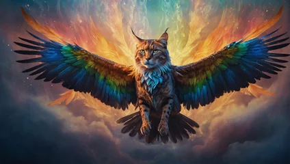 Fotobehang A mesmerizing, ethereal creature with wings of swirling mist and shimmering rainbow feathers, its body a graceful blend of feline and avian features. © xKas