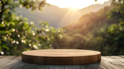 Empty Wooden Podium for Display or Product showcase with Blurry Background and Nature Scene.