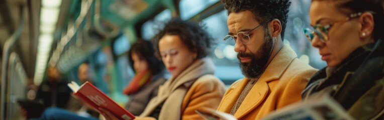 Commuters Reading on Public Transport During Rush Hour
 - obrazy, fototapety, plakaty