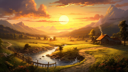 A peaceful countryside bathed in the warm glow of a golden sunset. - obrazy, fototapety, plakaty