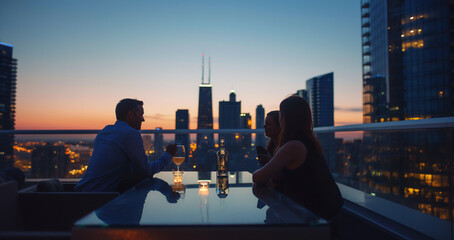 A small group enjoying after-work drinks on a rooftop bar, overlooking the city skyline at dusk. The fading light casts soft shadows across the rooftop, symbolizing the transition