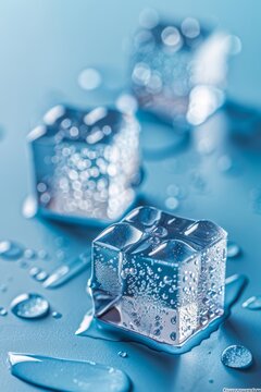 Water drops on ice cubes against blue background in toned image, ideal for cooling concepts