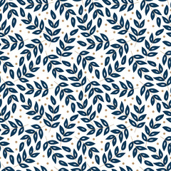 Floral pattern in vector style. Beautiful seamless pattern with twigs, leaves and dots. It can be used as a wallpaper background, printing on fabrics.