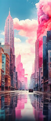 for advertisement and banner as Cityscape Wash Urban skylines meet the fluidity of watercolor washes. in watercolor landscape theme theme ,Full depth of field, high quality ,include copy space on left - obrazy, fototapety, plakaty