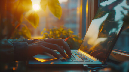 An employee typing rapidly on a laptop, responding to customer inquiries via live chat. The sunlight from a nearby window casts a warm glow over the workspace, highlighting the eff - obrazy, fototapety, plakaty