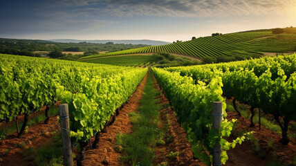Fototapeta na wymiar A picturesque vineyard with rows of lush grapevines.