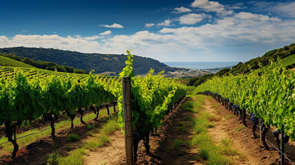 A picturesque vineyard with rows of lush grapevines.