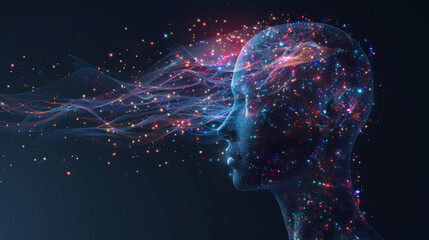 Abstract digital human head profile with glowing particles and energy effects, in the style of artificial intelligence concept.