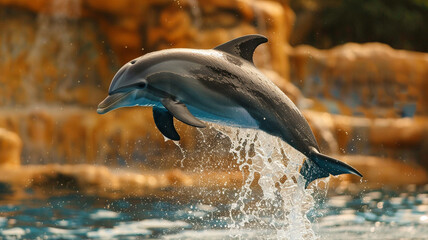 Naklejka premium A playful dolphin leaping out of the water, its sleek body arcing through the air with grace.