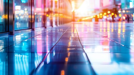 Fototapeta na wymiar Gleaming cityscape floor reflecting vibrant neon lights, showcasing a futuristic urban night scene.