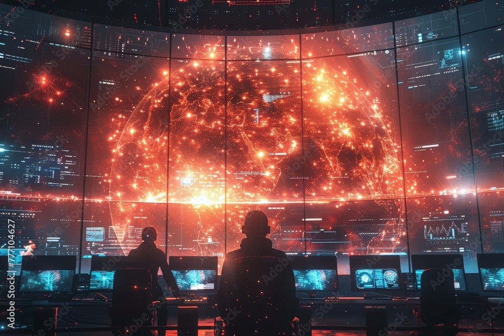 Poster silhouetted figures stand before a massive screen, ablaze with fiery galactic images in a dark opera