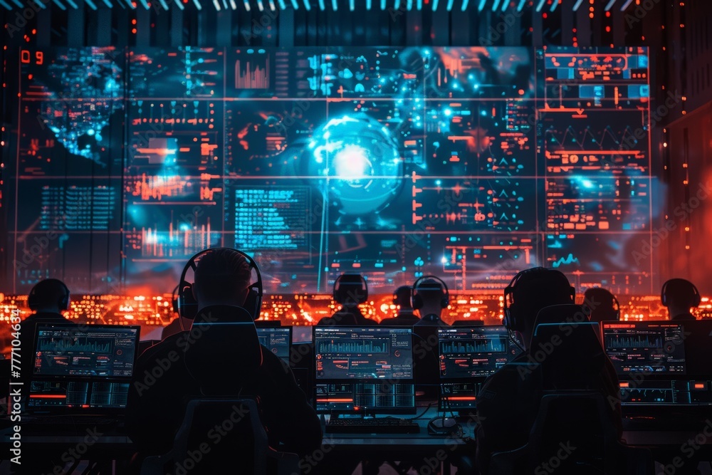 Poster cybersecurity workers in a moment of triumph, successfully defending a network of computers with the