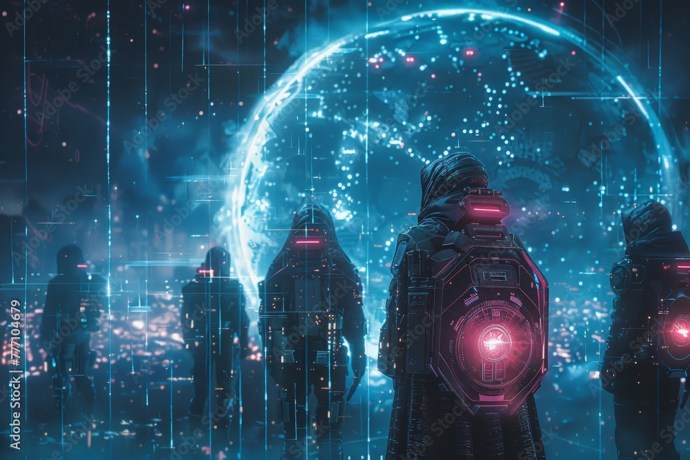 Poster shadowed personnel in futuristic armor observe a holographic globe, studded with luminescent data po
