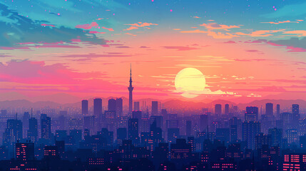 Anime skyline silhouette, pastel dawn, wide text space - obrazy, fototapety, plakaty