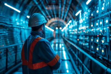 Lone worker surveys the cylindrical core of a modern reactor, its lights painting stripes along the curving walls. Sole inspector contemplates the glowing infrastructure of an energy conduit, - obrazy, fototapety, plakaty