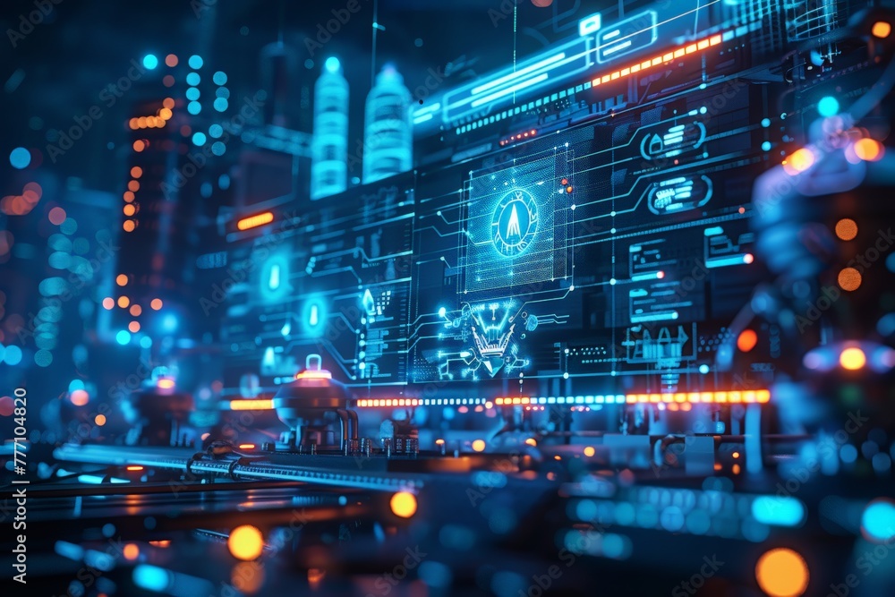 Poster intricate digital screens with vibrant graphics depict analytics and network data, offering a glimps
