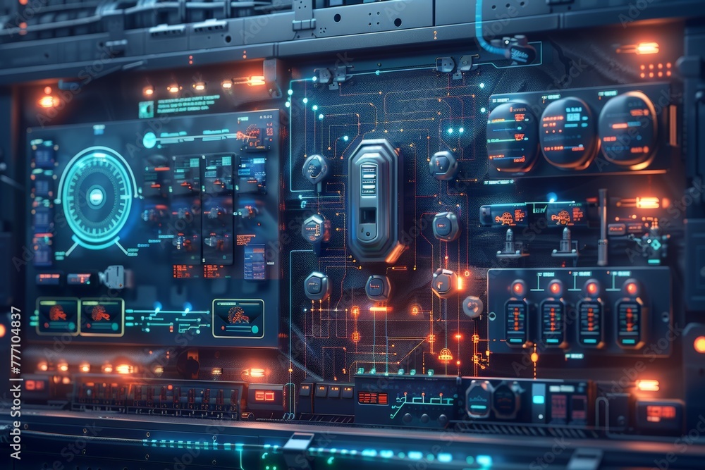 Poster high-tech control panel featuring interactive displays with bright lights, emphasizing complex data 