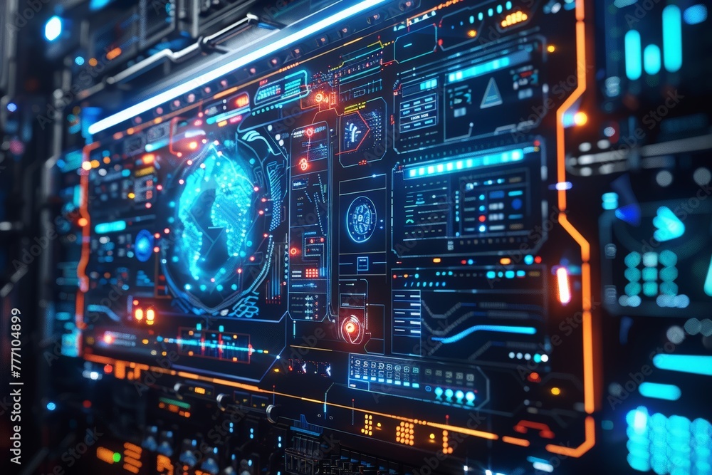 Poster sophisticated dashboard with dynamic interface showcases a central holographic projection, encapsula