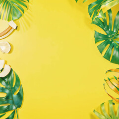 Fototapeta na wymiar bright yellow summer background with palm leaves border with space for text