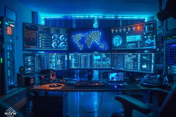 Control room aglow with neon blue light, screens illuminate various data points, world map glimmers in the central display. Monitoring station radiant in electric blues, central workstation commanding - obrazy, fototapety, plakaty