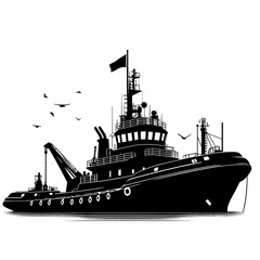 Tugboat ship silhouette illustration isolated on white background. - obrazy, fototapety, plakaty