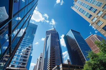 A group of tall buildings sit closely together in a bustling urban business district skyline of a major American city - obrazy, fototapety, plakaty