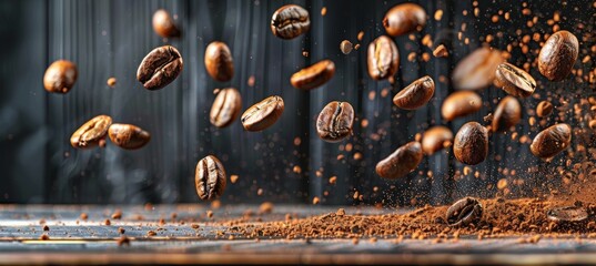 Captivating visual of levitating roasted coffee beans on a striking dark backdrop