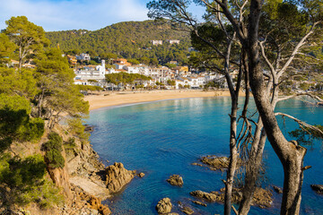 Vista desde el camino costero hacia la idílica bahía de Llafranc, con sus aguas cristalinas, playa de arena y el pintoresco pueblo en invierno, rodeado de colinas arboladas.