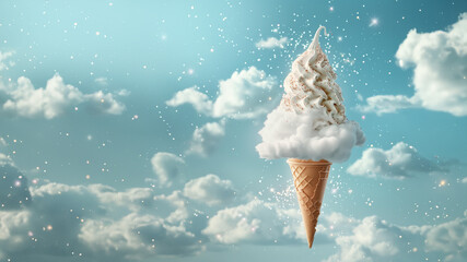 Obraz na płótnie Canvas ice cream cone made of clouds and sparkles isolated on sky blue background, creative summer ads with copy space