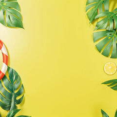 Fototapeta na wymiar bright yellow summer background with palm leaves border with space for text