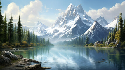 A secluded mountain lake reflecting the snow-capped peaks in its clear waters.