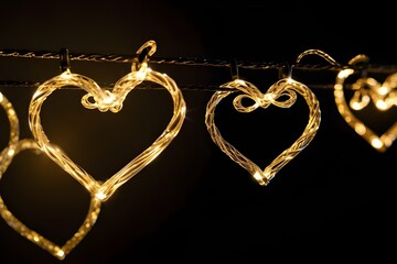 Golden heart light strands against black background Generative AI