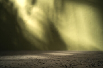 Empty table on khaki green texture wall background. Composition with leaves shadows on the wall and light reflections. Mock up for presentation, branding products, cosmetics food or jewelry.	