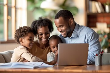 A happy family discussing financial plans and goals at home while looking at a laptop computer together