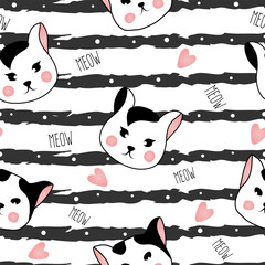 Seamless pattern with black and white head of cats on striped background. Vector illustration for children.