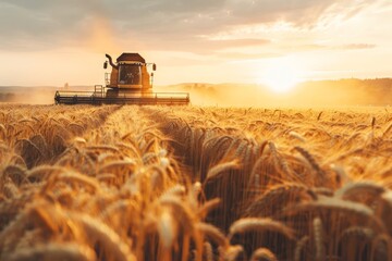 A combine machine cuts and gathers ripe grain in a vast wheat field during sunset, capturing the traditional farming practice - obrazy, fototapety, plakaty