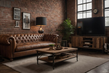 Wohnzimmer mit elegantem Chesterfield-Sofa vor roher Backsteinwand