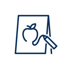 Drawing On Easel Icon. Thin Line Illustration of Creative Kid's Art Activity with Apple Illustration and Pencil. Isolated Outline Vector Sign.	