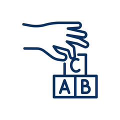 Child Motor Skills Development Icon. Thin Line Illustration of Hand Placing Alphabet Blocks, Enhancing Coordination and Learning. Isolated Outline Vector Sign.	