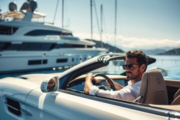 A man drives a convertible car alongside a luxurious yacht in a bustling harbor - obrazy, fototapety, plakaty