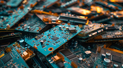 Electric Circuit Board with Electronic Components ,Computer ,laptop circuit chip waste ,Complexity of semiconductor industry shown in close up of computer chip
