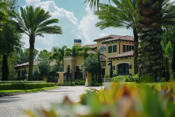 Zelfklevend Fotobehang A luxurious house with palm trees in the front yard, showcasing a blend of sophistication and nature in an affluent American neighborhood © Ilia Nesolenyi