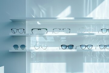 A row of glasses neatly arranged on a white shelf in a minimalist aesthetic showcase