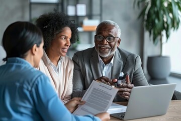 A mature couple sitting at a table, engaged in a discussion with a financial advisor about retirement planning and investment strategies - obrazy, fototapety, plakaty