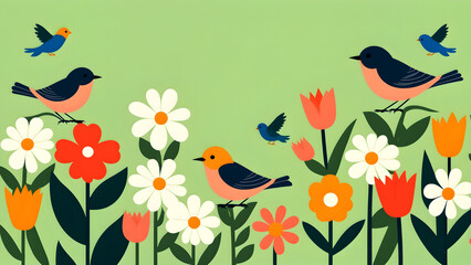 spring background with flowers and birds, vector illustration design