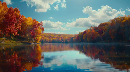 A stunning ultra 4k, 8k colorful background featuring a serene lake surrounded by autumn foliage, with vibrant hues of red, orange, and yellow,