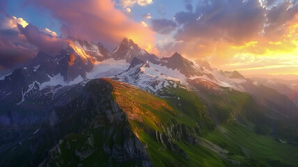 A stunning ultra 4k, 8k colorful background featuring a picturesque mountain landscape, with snow-capped peaks, lush green valleys, and a colorful sunrise sky, 