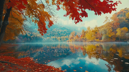 A stunning ultra 4k, 8k colorful background featuring a serene lake surrounded by autumn foliage, with vibrant hues of red, orange, and yellow, captured with remarkable clarity by an HD camera.
